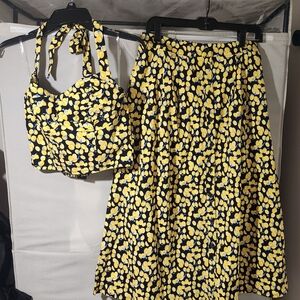 Fashion Nova Yellow and Black Floral Skirt Set